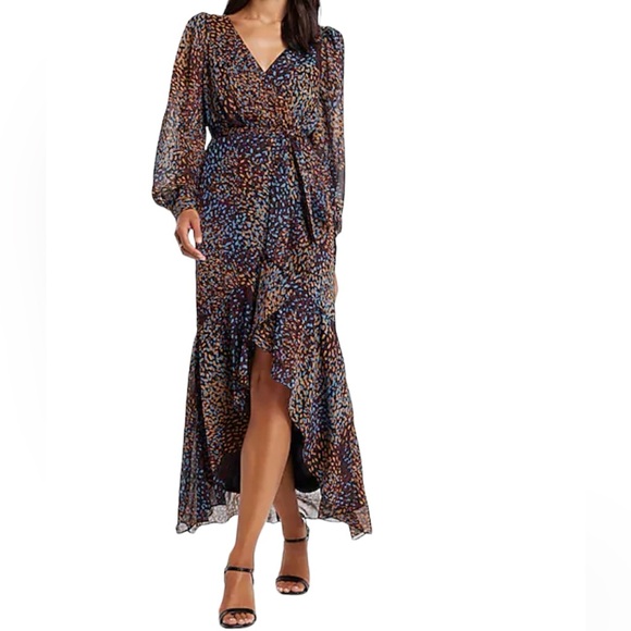NWT Express Metallic Printed Faux Wrap Ruffle Hi-Lo V-neck Maxi Dress XXS - Picture 3 of 14